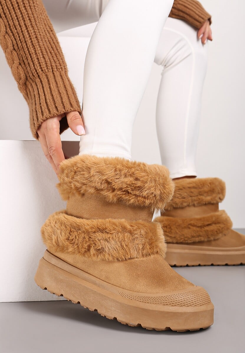 Brązowe Futerkowe Botki Śniegowce na Płaskiej Podeszwie Ivaliona