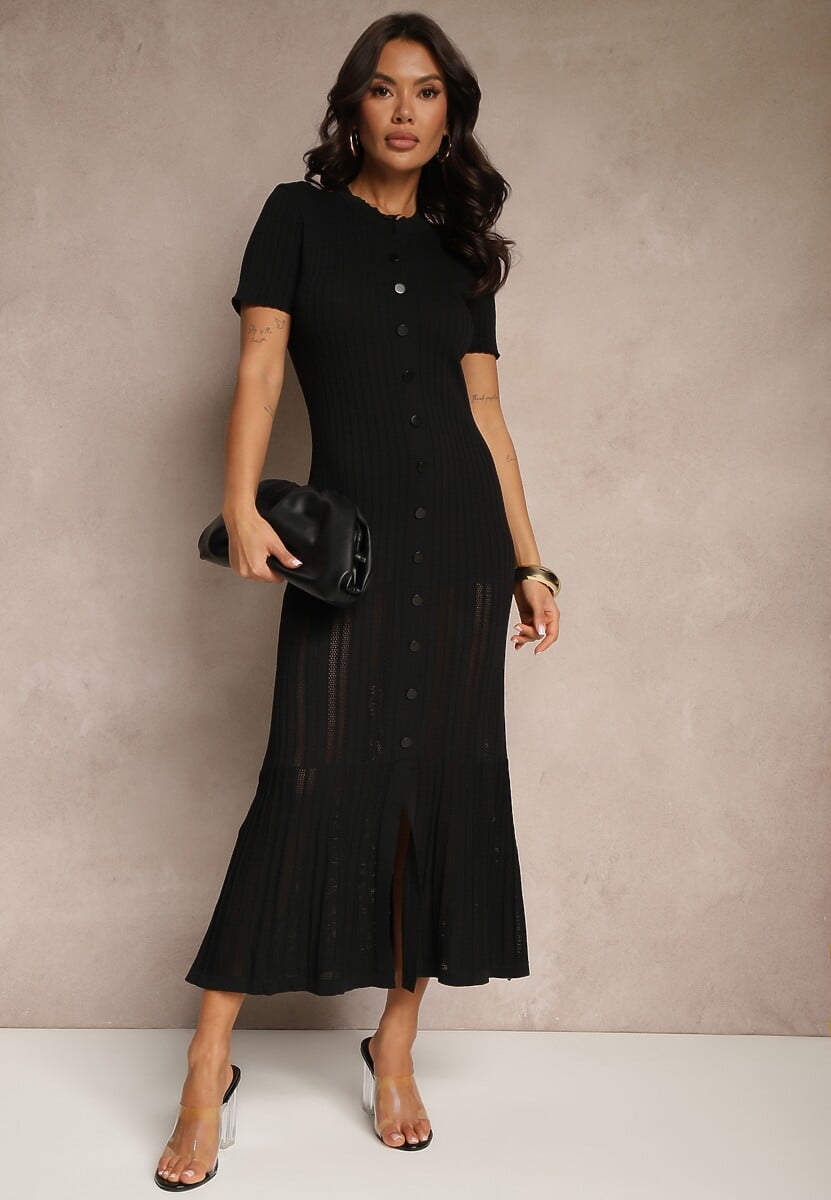 Czarna Dopasowana Sukienka z Dzianiny z Wiskozą Zdobiona Guzikami i Falbaną Aluona
