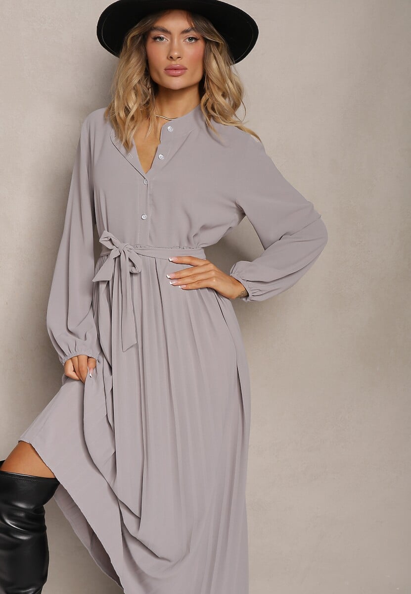 Ciemnoszara Rozkloszowana Sukienka Maxi Plisowana Wiązana w Pasie Terilla