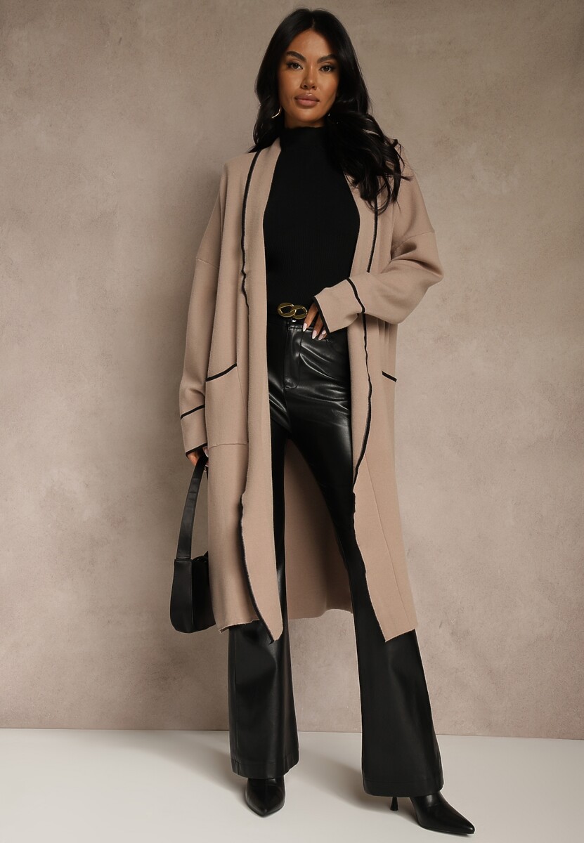 Beżowy Niezapinany Kardigan o Długim Kroju z Lamówką Venisse