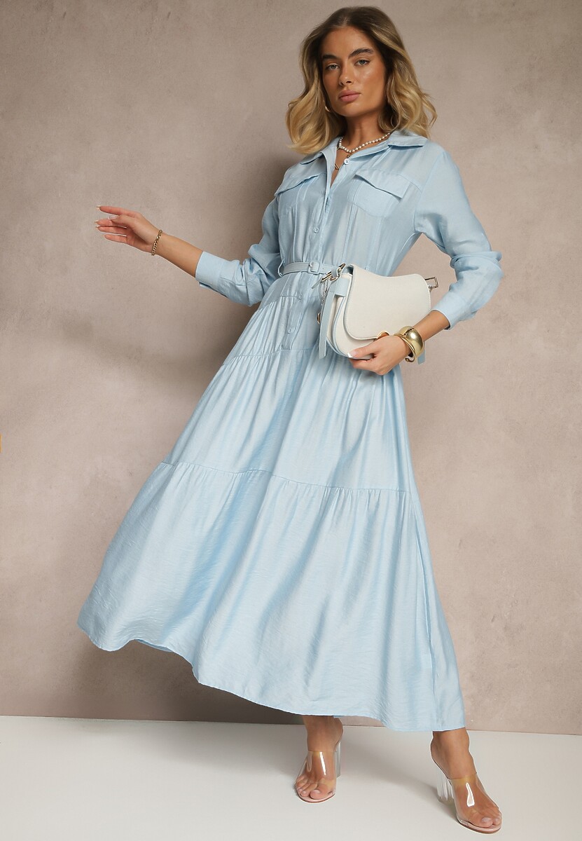 Niebieska Rozkloszowana Sukienka z Wiskozy z Guzikami i Paskiem Ronesa