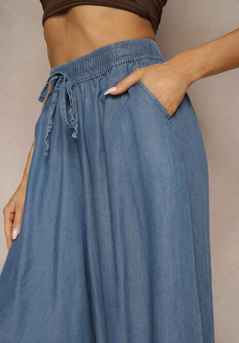 Niebieskie Szerokie Szorty Bermudy z Ozdobnym Wiązaniem Terpio