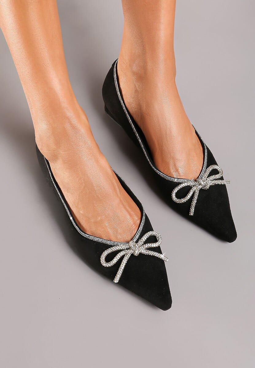 Czarne Płaskie Balerinki z Cyrkoniową Kokardą Evalene