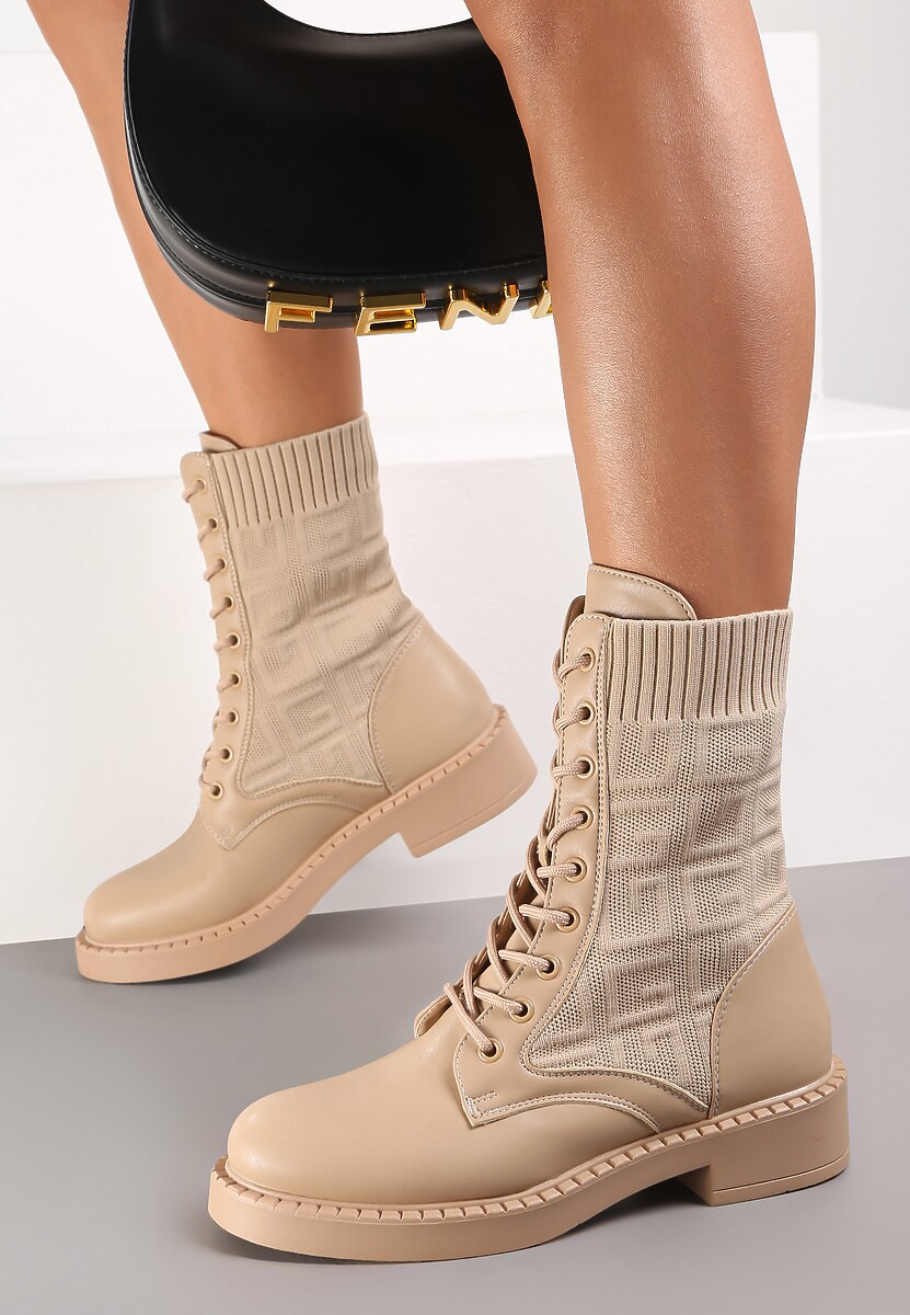 Ciemnobeżowe Botki Sznurowane z Elastyczną Cholewką Moirona