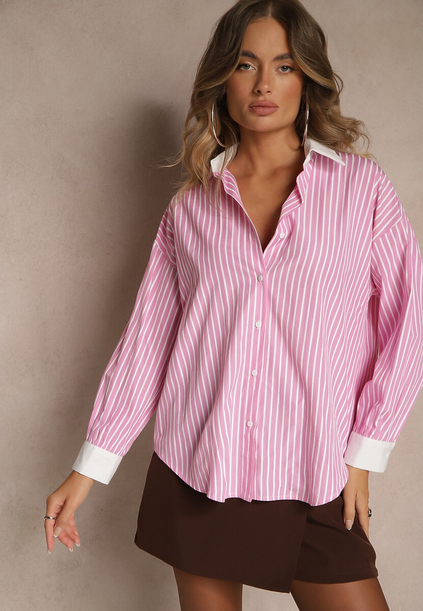 Różowa Prążkowana Koszula o Fasonie Oversize z Kontrastowymi Wstawkami Onelira