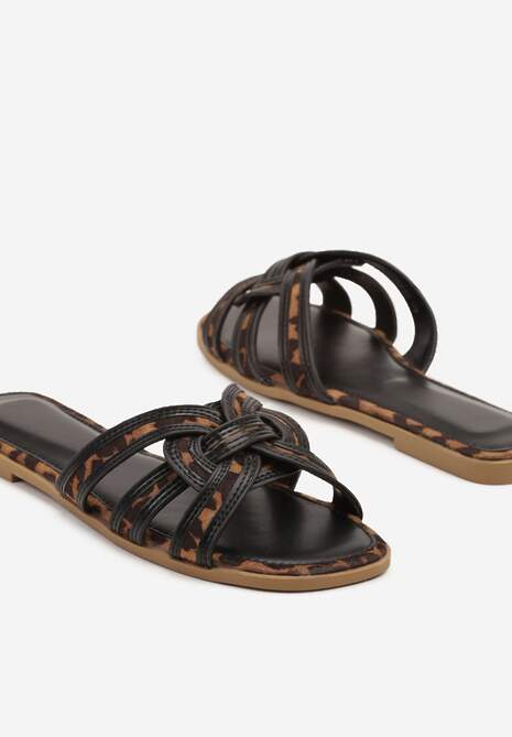 Czarne Panterkowe Klapki Ozdobione Paskami Telonilia