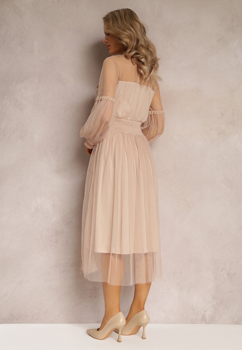 Beżowa Tiulowa Sukienka Rozkloszowana z Koronką Nirthe