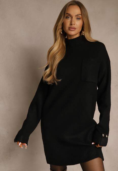 Czarna Sukienka z Półgolfem z Dzianiny z Wiskozą i Dodatkiem Wełny Nessla