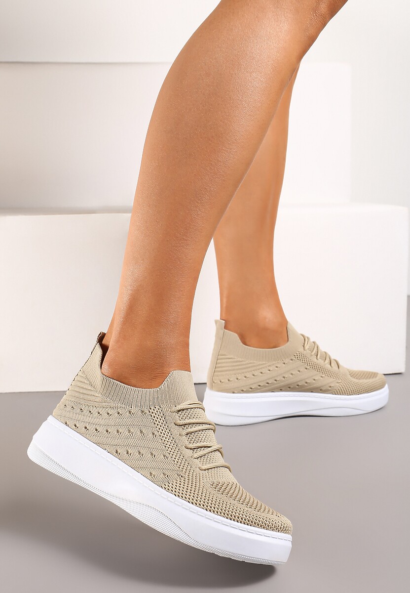 Beżowe Buty Sportowe z Cholewką w Skarpetkowym Stylu Timotta