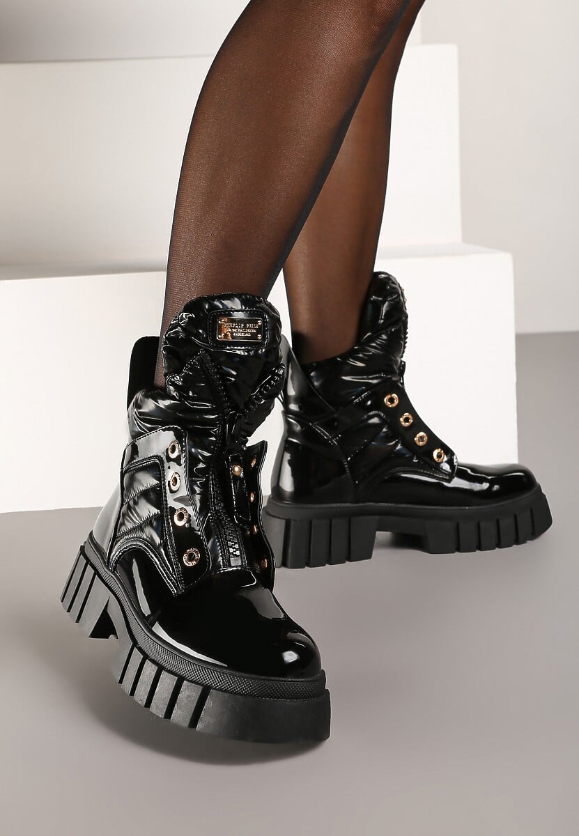 Czarne Botki Workery Lakierowane na Platformie Braliska