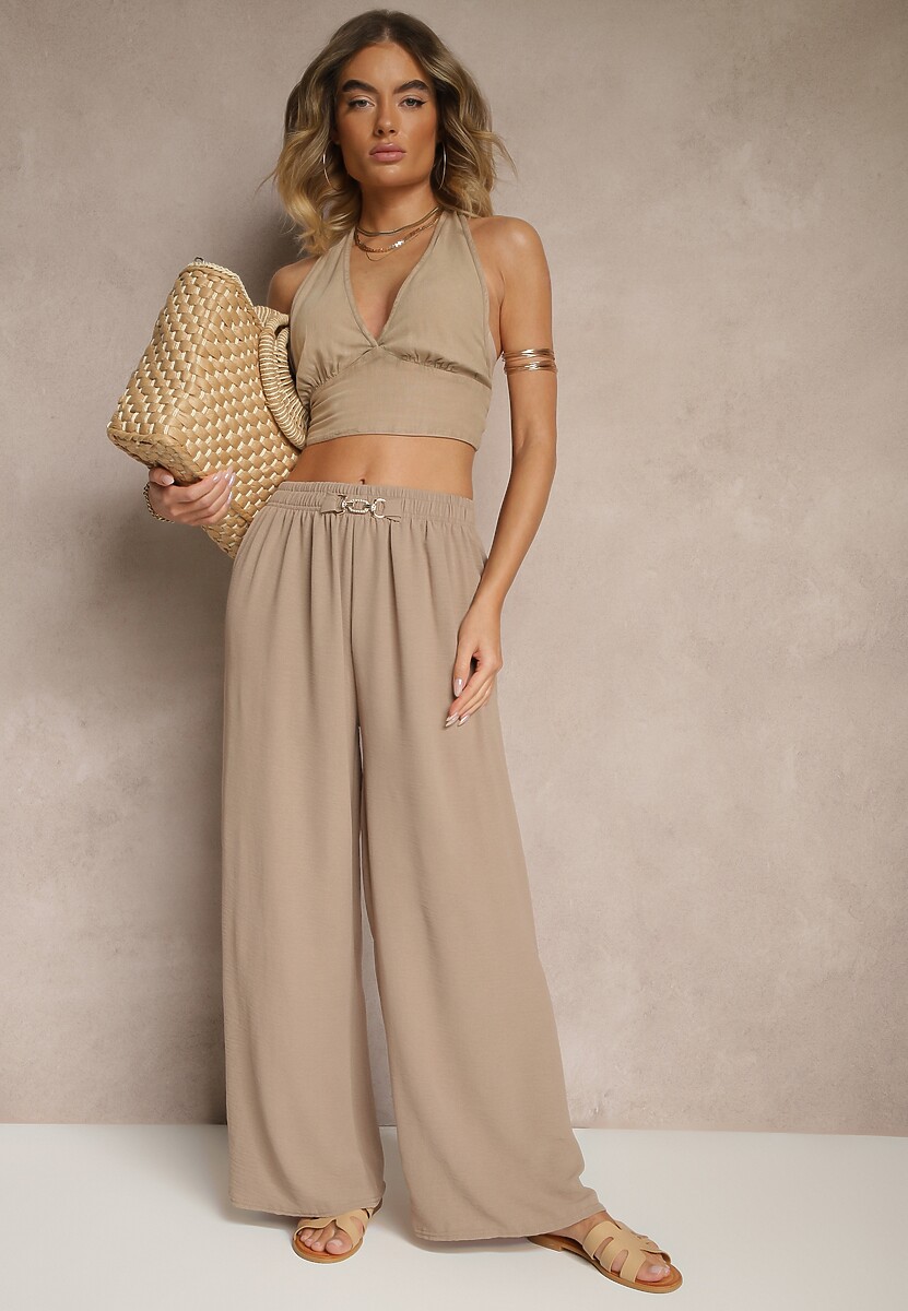 Ciemnobeżowe Spodnie z Bawełną o Szerokim Kroju Ozdobione Klamrą Reionis