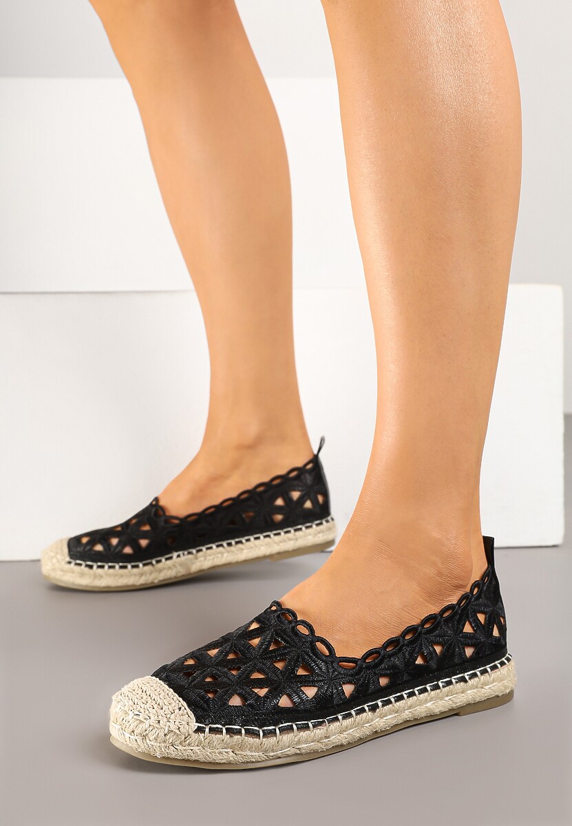 Czarne Ażurowe Espadryle Ozdobione Plecionką Nelmio