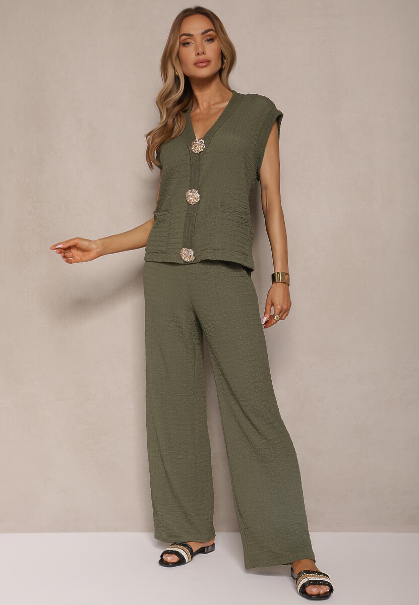 Ciemnozielony Komplet Bluzka o Fasonie Kamizelki z Ozdobnymi Broszkami i Spodnie Sadessae