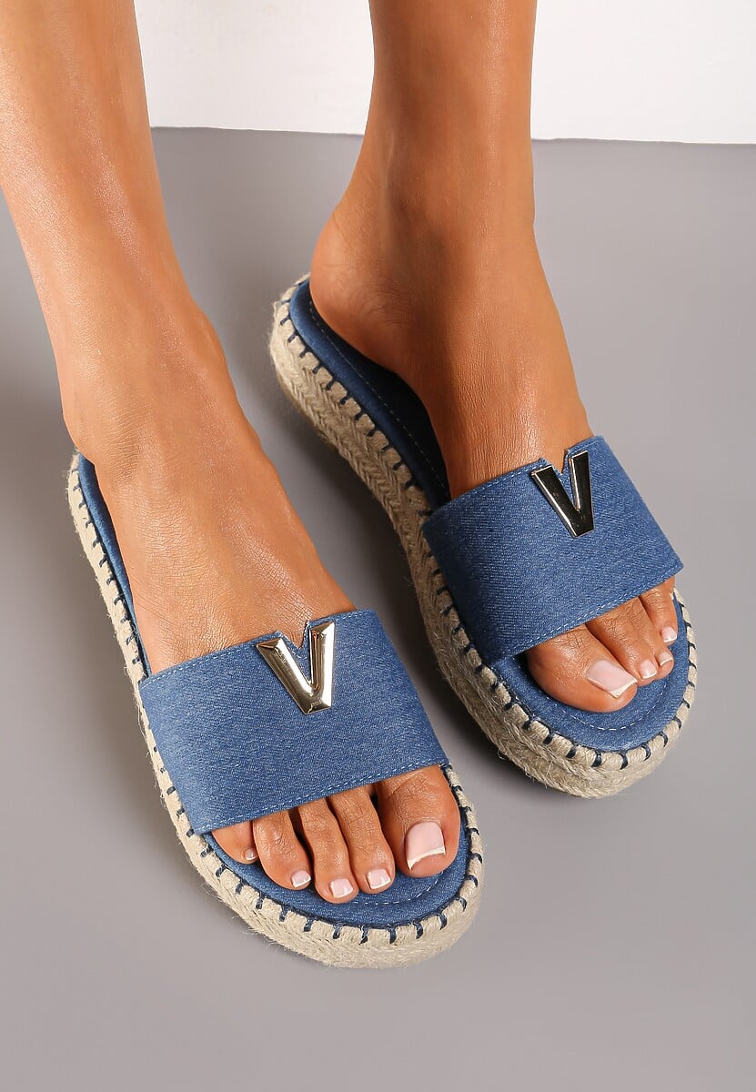 Niebieskie Klapki na Pasku Metalowa Ozdoba Podeszwa z Ozdobnie Plecionej Juty Raskia