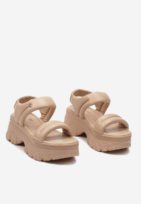 Ciemnobeżowe Sandały z Imitacji Skóry na Płaskiej Grubej Podeszwie Farena