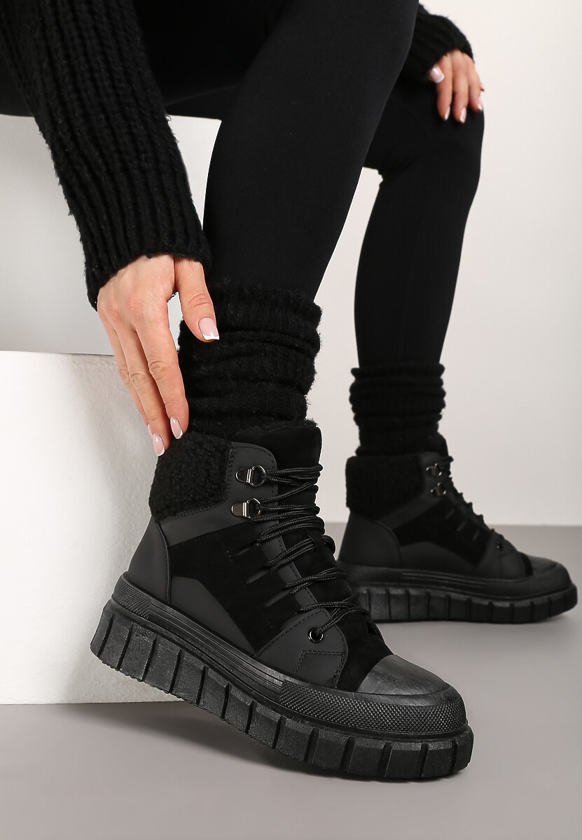 Czarne Botki na Grubej Podeszwie z Futerkiem Nemda