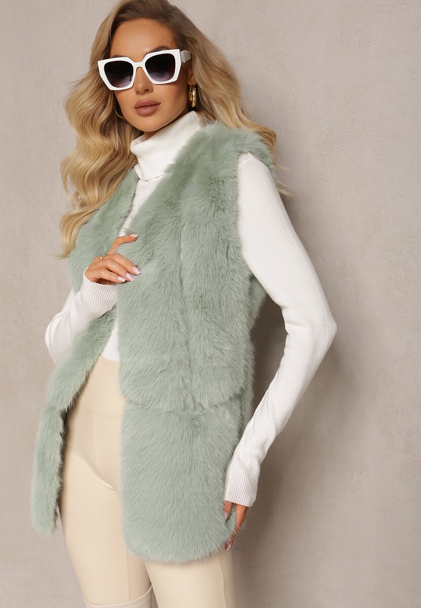 Niebieska Puchata Kamizelka z Futerka Ozdobiona Imitacją Skóry Tekllesa