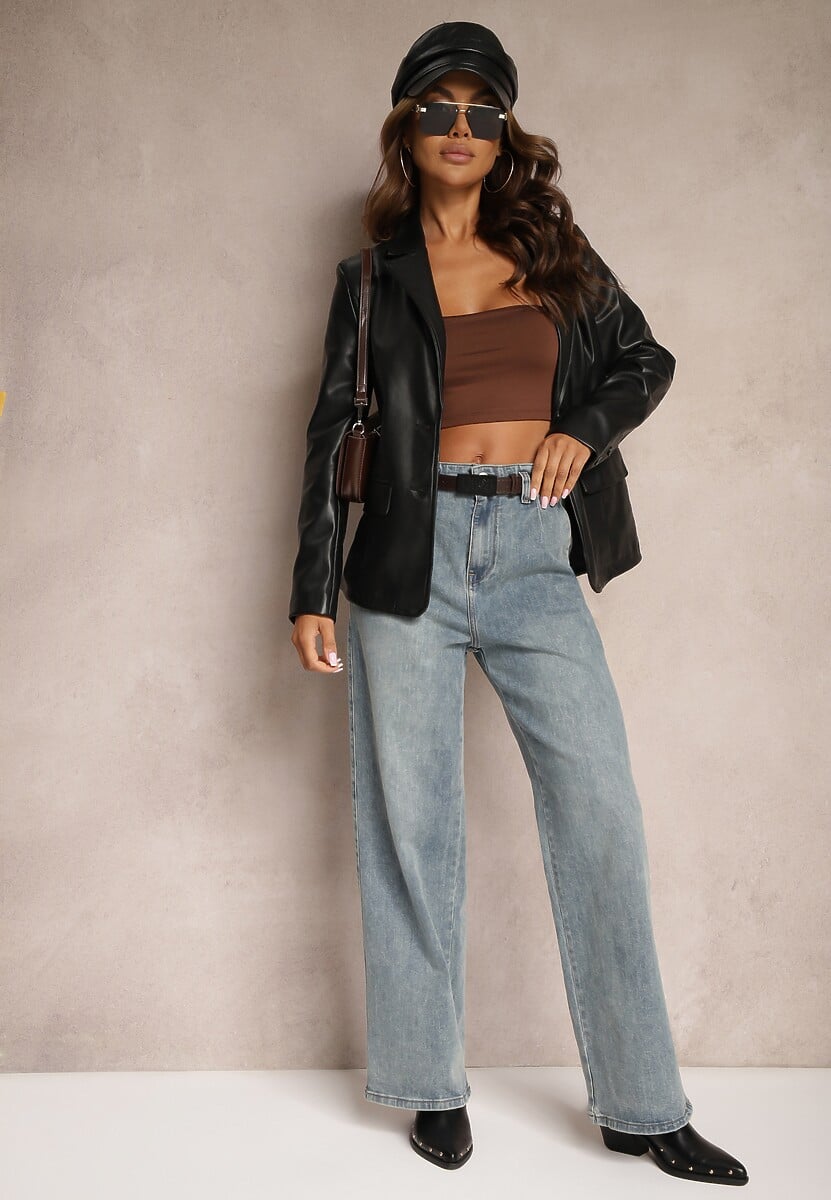 Jasnoniebieskie Bawełniane Szerokie Jeansy High Waist Ozdobione Paskiem Terilainas