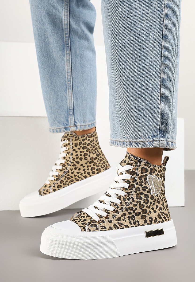Panterkowe Trampki na Platformie z Wysoką Cholewką z Haftem z Brokatem Elanitha