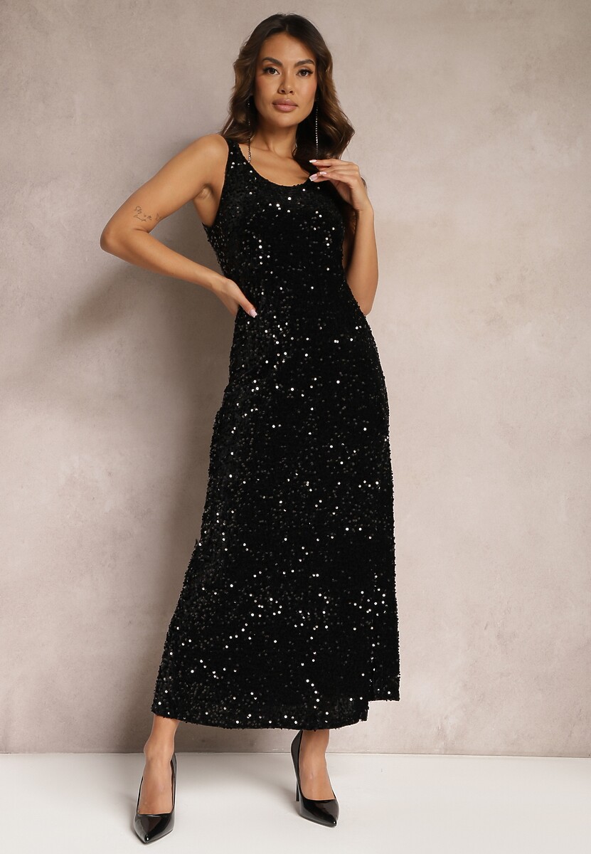 Czarna Sukienka Maxi na Ramiączkach w Cekiny Misona