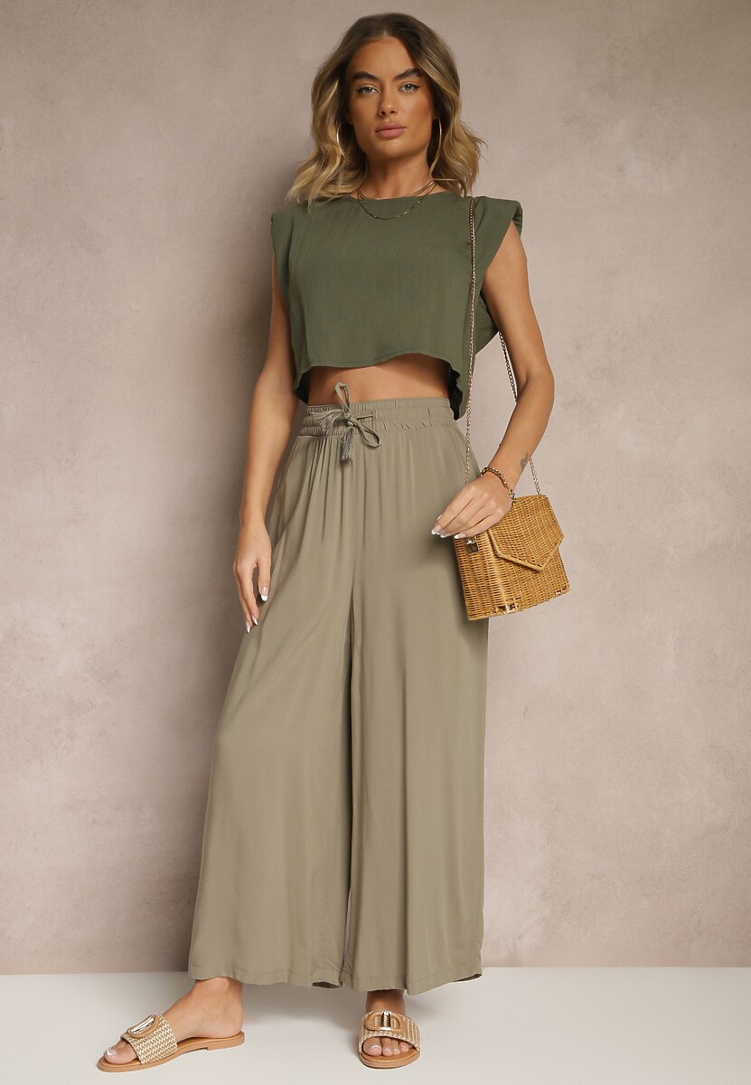 Czarne Szerokie Spodnie z Wiskozy ze Sznurkiem Natisetia