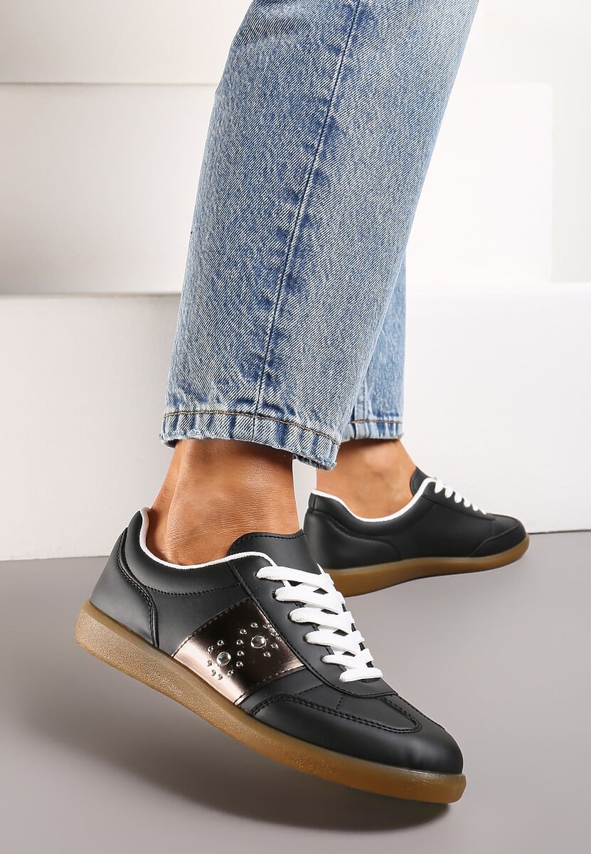 Czarne Sneakersy na Płaskiej Podeszwie z Wiązaniem i Ozdobną Wstawką Drukesti