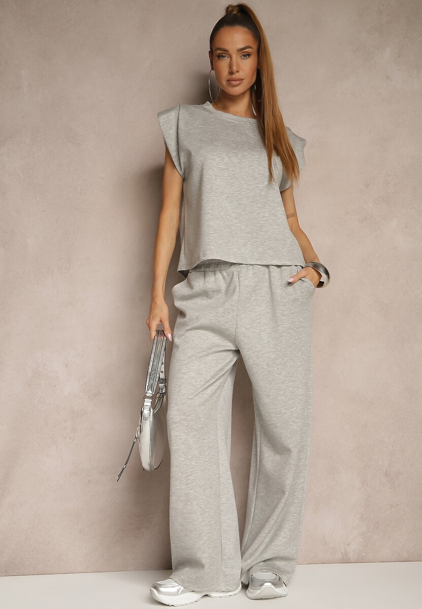 Beżowy Komplet z Wiskozą Szerokie Spodnie i Koszulka z Usztywnionymi Ramionami Neidra