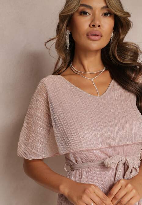 Różowa Sukienka Mini z Metaliczną Nitką i Gumką w Pasie Eullas