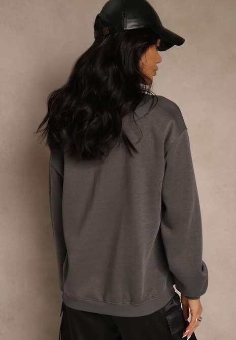 Szara Bluza z Bawełną Ozdobiona  Napisem Fezolda