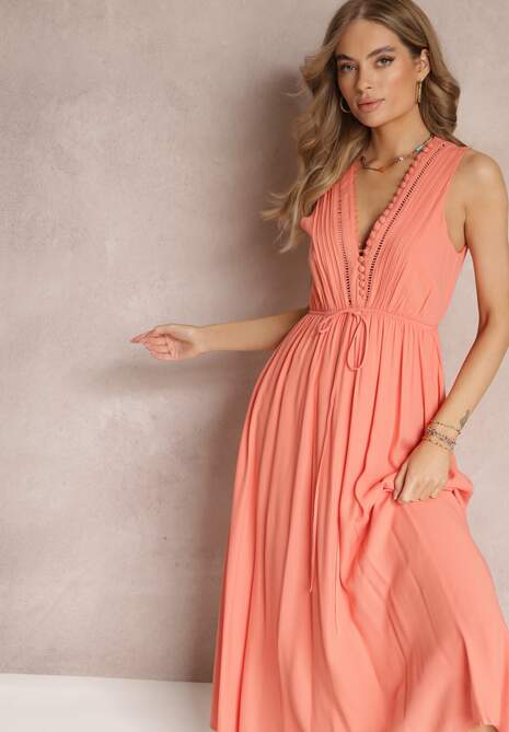 Pomarańczowa Rozkloszowana Sukienka Maxi z Gumką w Talii i Ozdobnymi Guzikami z Wiskozy Vianna