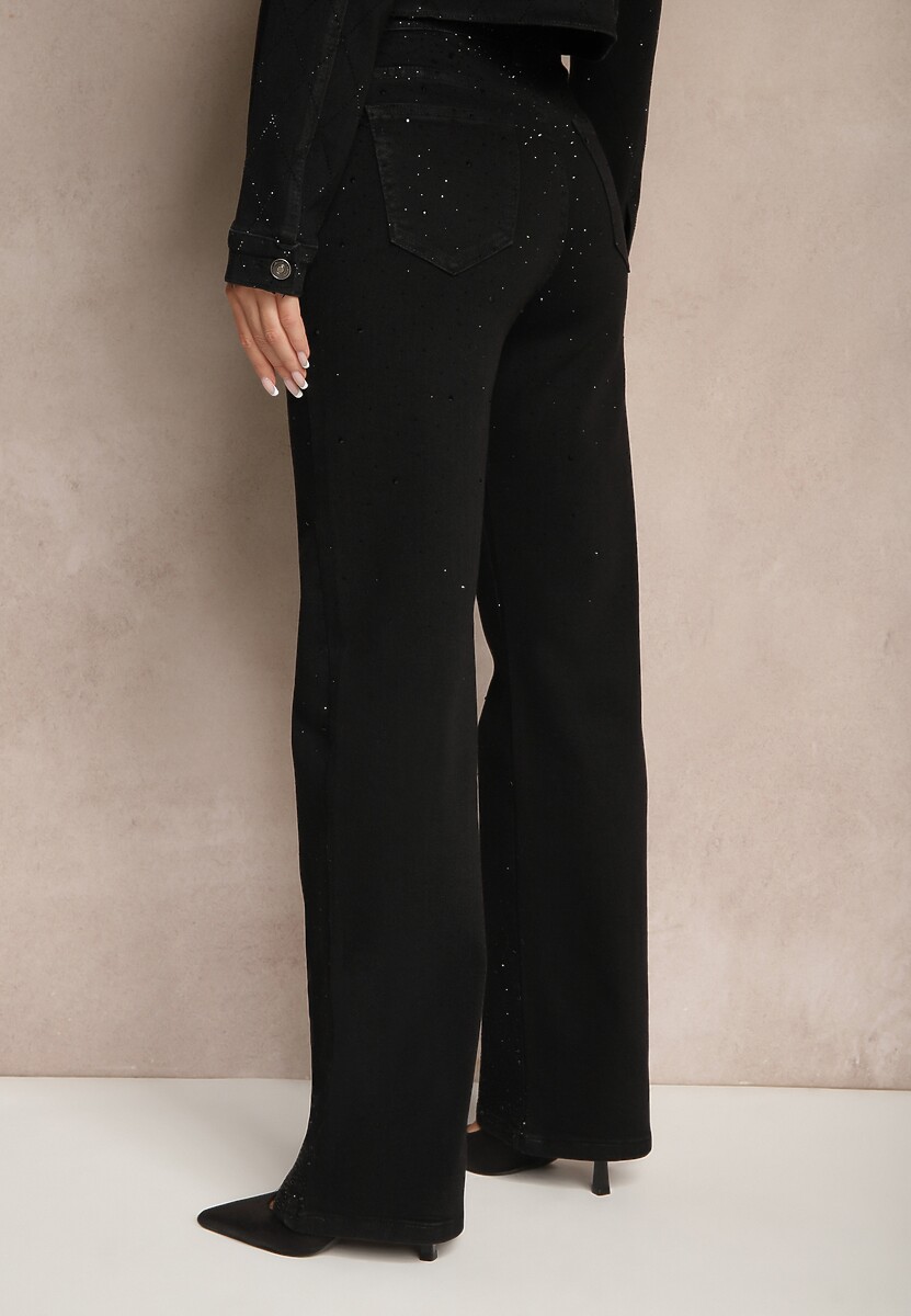 Czarne Szerokie Jeansy z Bawełną High Waist Xarseli