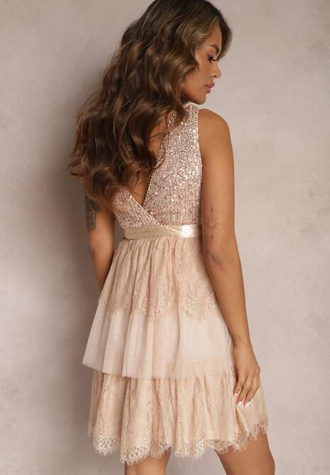 Beżowa Tiulowa Sukienka Mini z Cekinami Jophiela