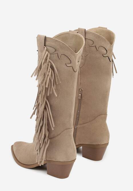 Ciemnobeżowe Kozaki Kowbojki na Stożku Ozdobione Frędzlami Reianeva