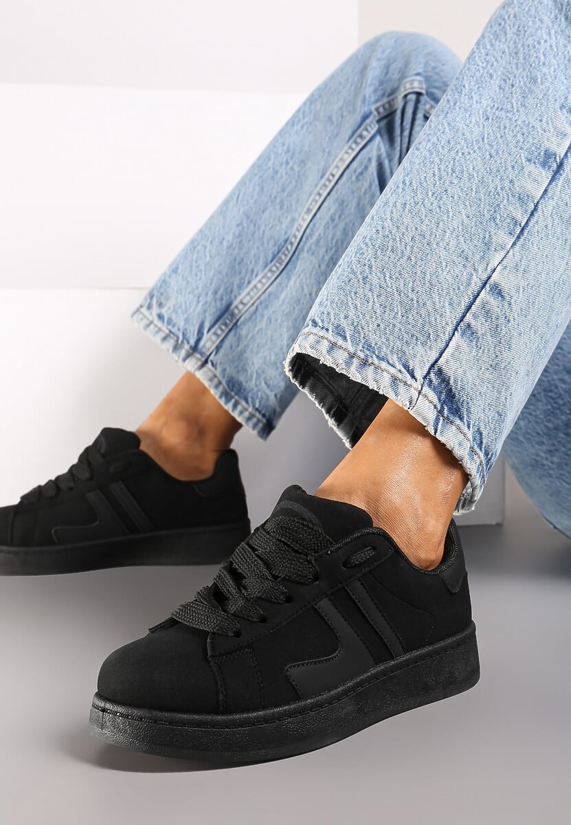 Czarne Płaskie Sneakersy Sznurowane z Paskami Artomi
