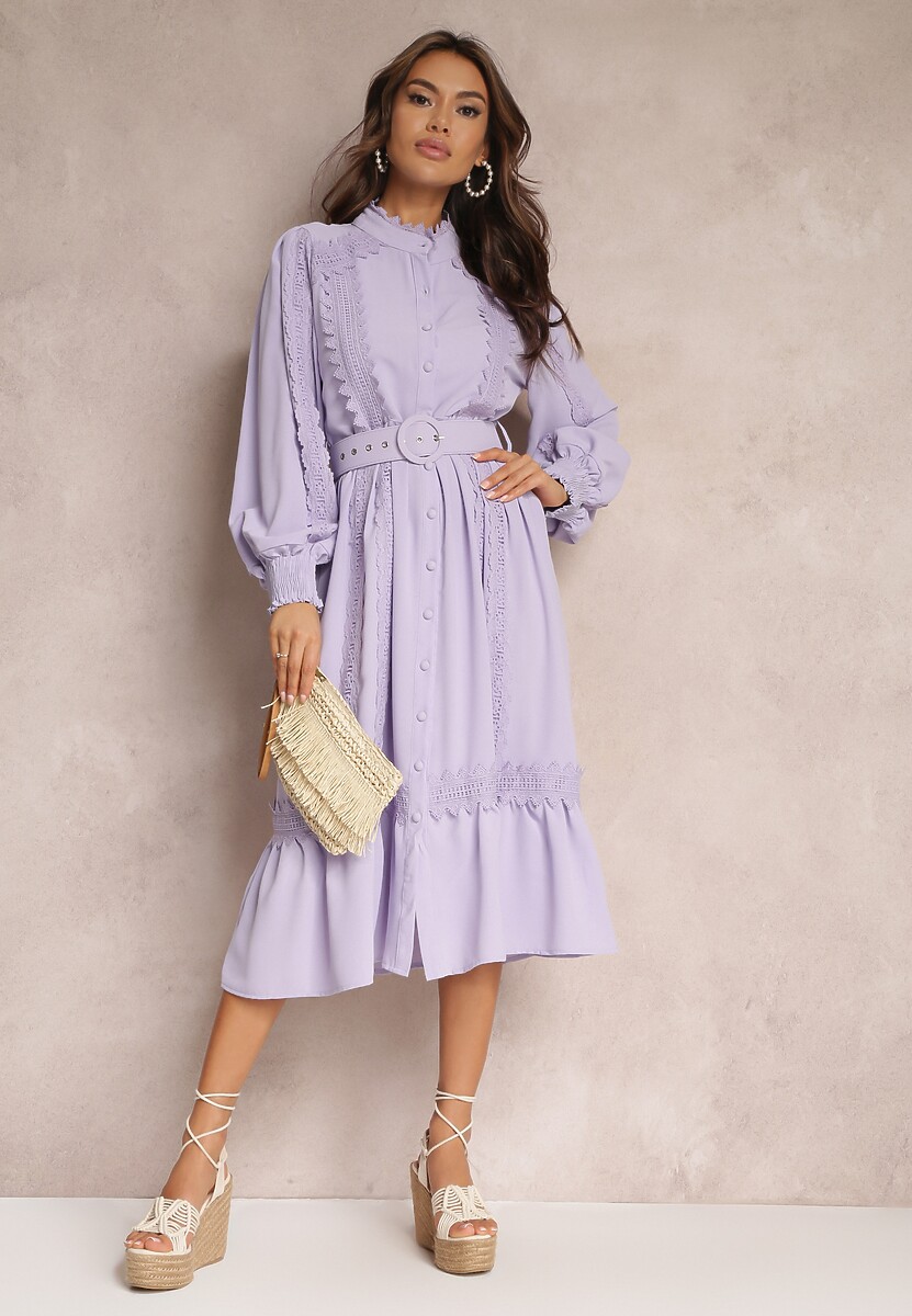 Fioletowa Koszulowa Sukienka Midi z Koronką i Paskiem z Klamrą Tocotte