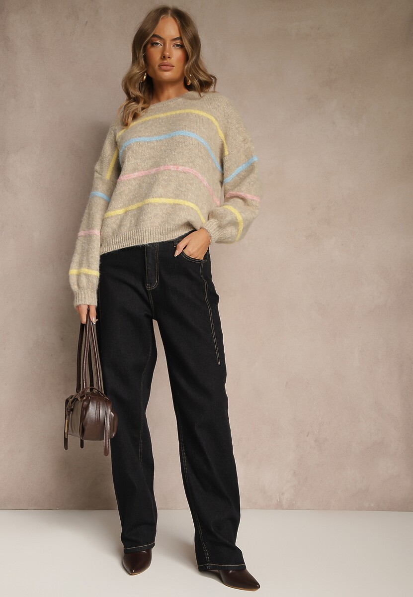 Beżowy Sweter o Nietoperzowym Fasonie z Dodatkiem Wełny w Paseczki Ralinatia