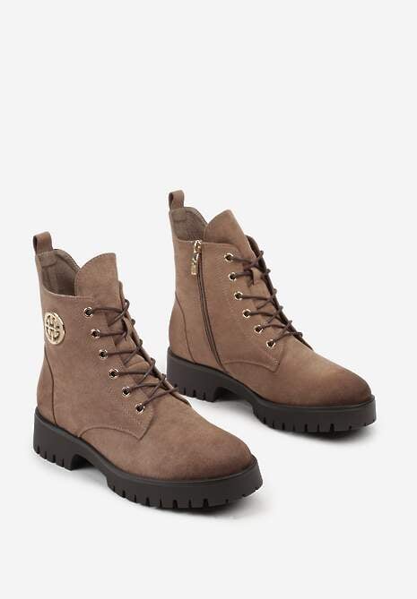 Beżowe Botki Potocki Workery z Geometryczną Ozdobą Firiselle