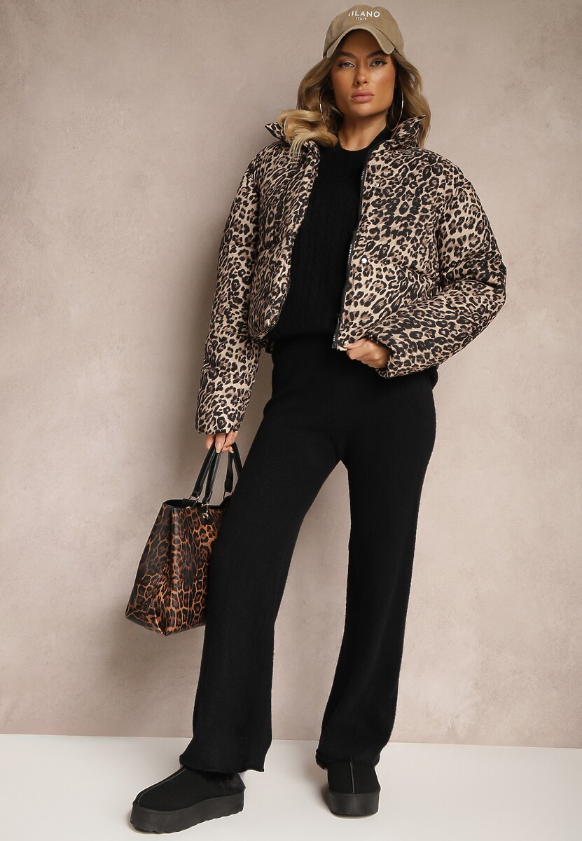 Czarny Komplet Dzianinowy z Bawełną Spodnie o Szerokim Kroju Sweter z Kapturem Siaira