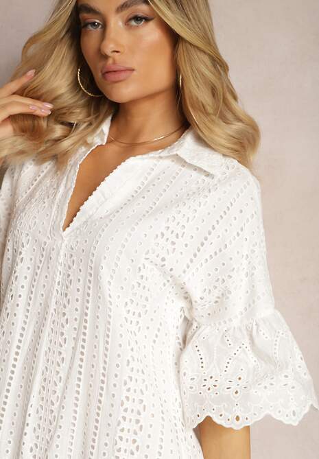 Biała Koronkowa Sukienka z Bawełny z Rękawem 3/4 o Rozszerzanym Kroju z Falbanką Mines