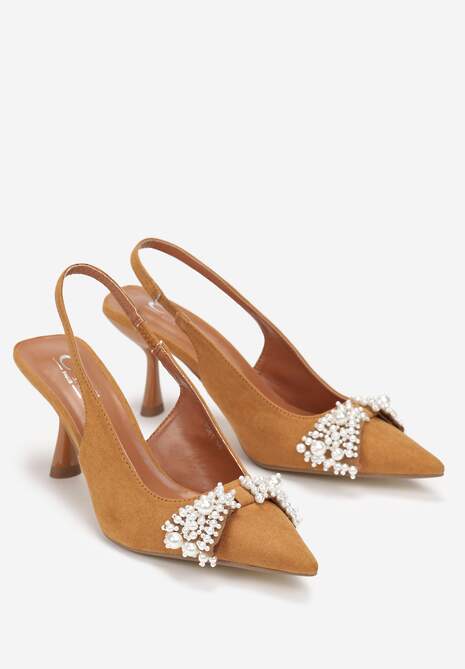 Brązowe Sandały na Szpilce ze Szpiczastym Noskiem i Perłami Capitolina