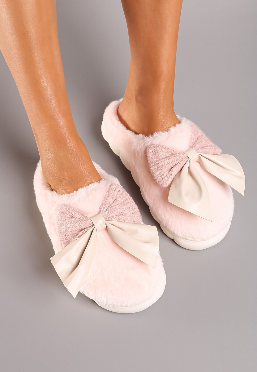 Różowe Kapcie z Dużą Kokardą i Futerkiem Naonelle