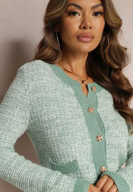 Zielony Kardigan Zapinany na Ozdobne Guziki z Metaliczną Nitką Flizome