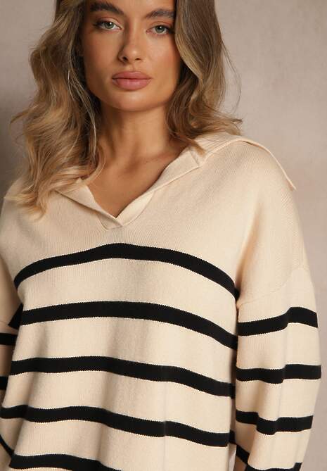 Czarno-Beżowy Sweter w Paski z Dekoltem w Serek z Kołnierzykiem Ralinavia