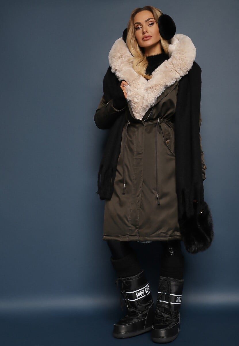 Ciemnozielona Długa Kurtka Parka Nylonowa Płaszcz z Futrzanymi Wstawkami Rinale