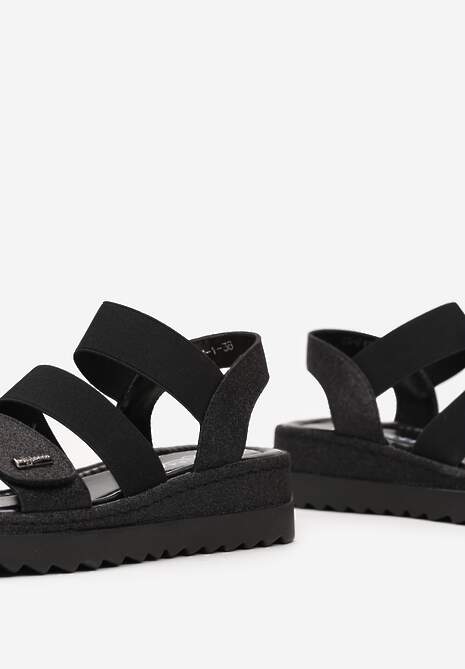 Czarne Wsuwane Sandały na Grubej Podeszwie z Brokatowym Wykończeniem Yalitza