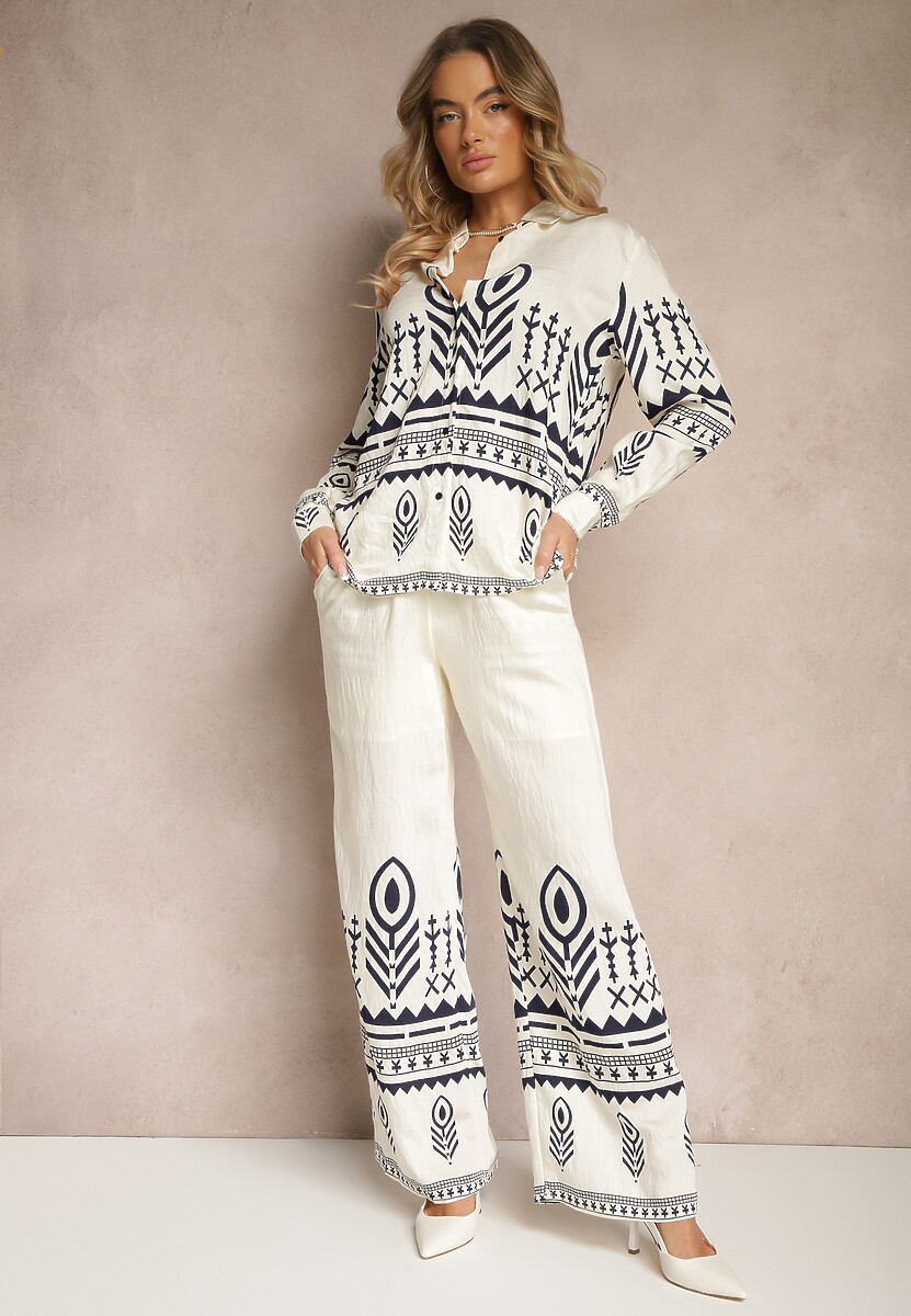 Beżowy Komplet z Wiskozą Koszula i Spodnie Zdobione Ornamentalnym Wzorem Gavris