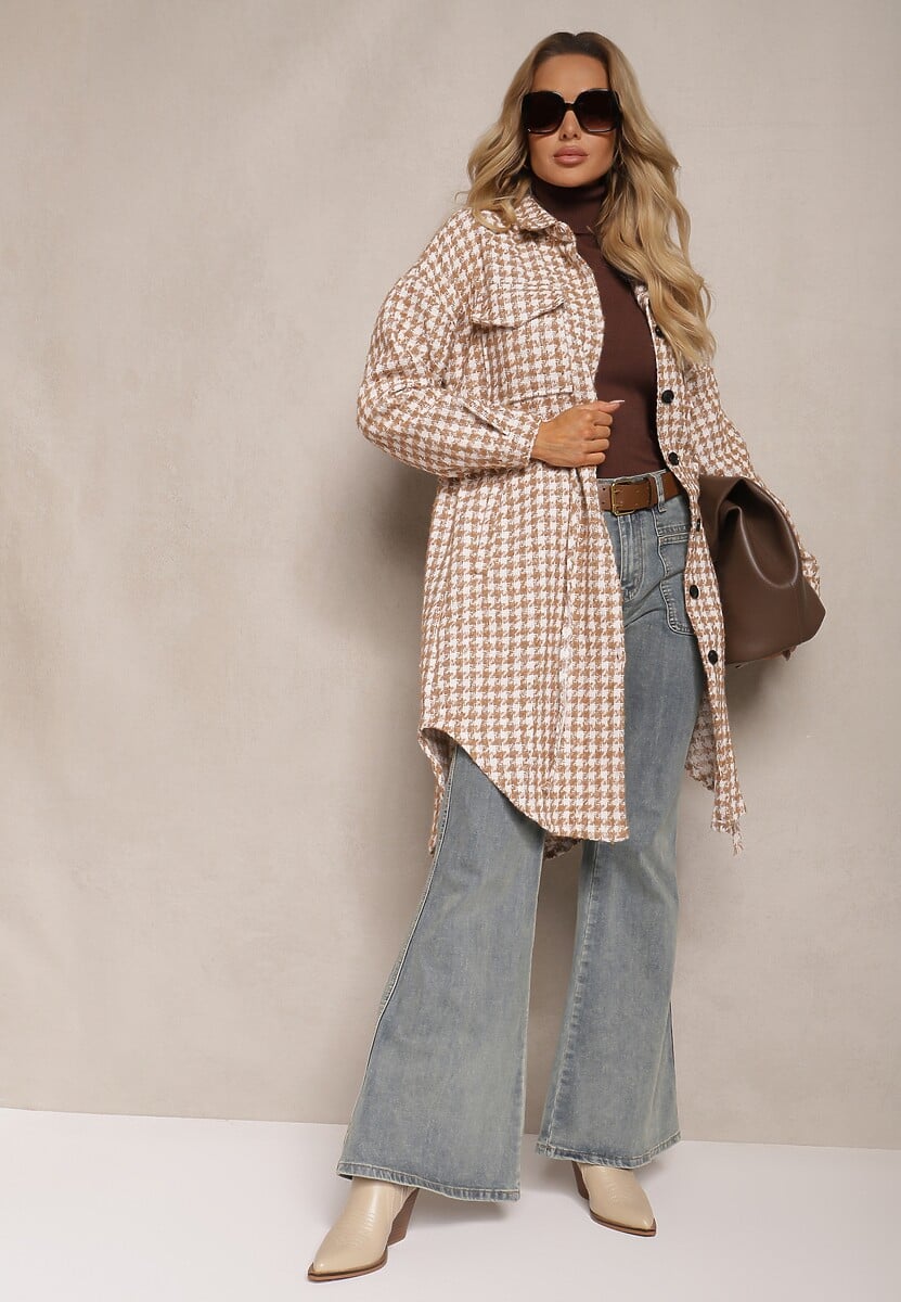 Brązowa Koszulowa Sukienka Szmizjerka w Kratkę Vichy z Kieszeniami i Paskiem Daislen