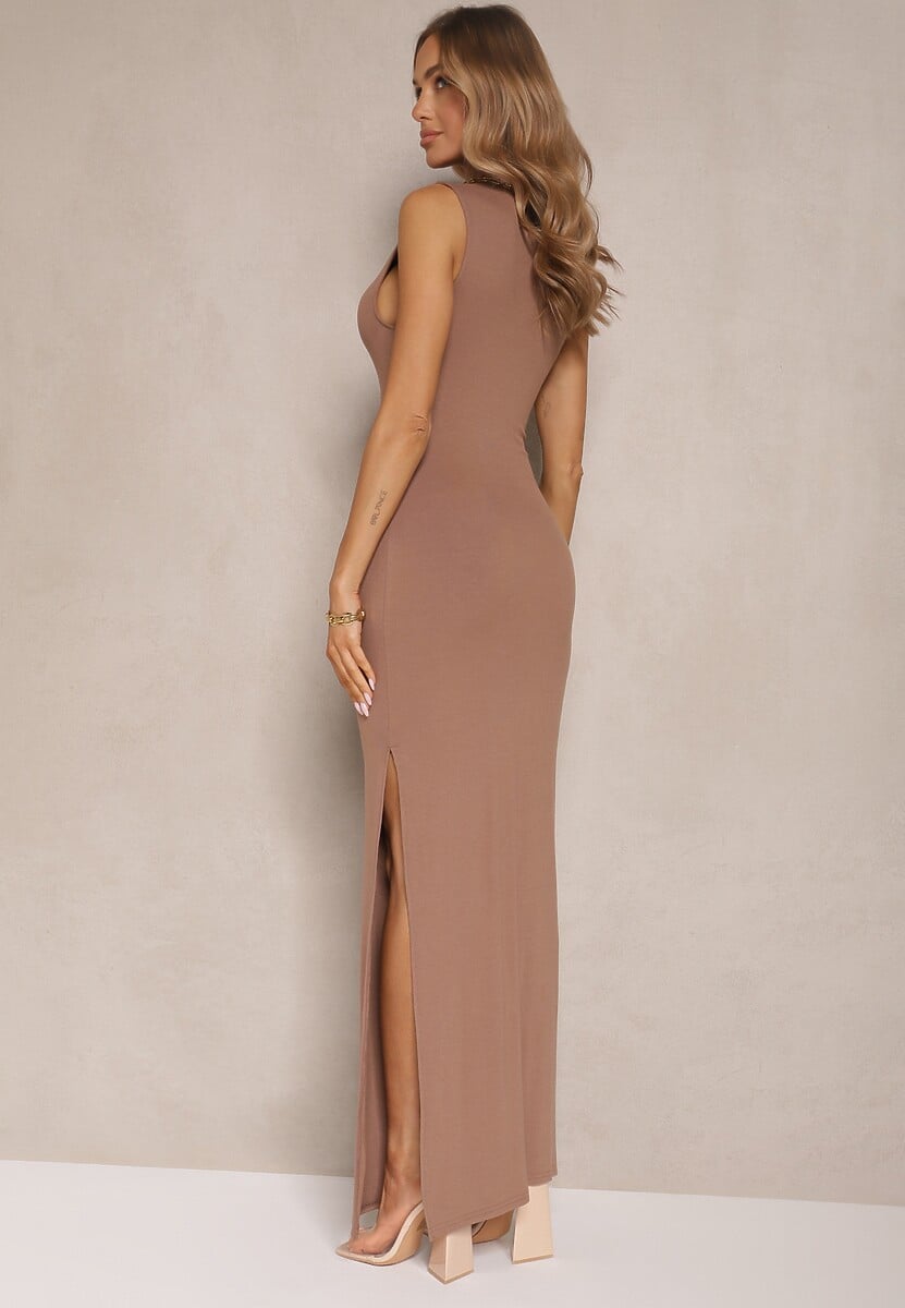 Ciemnobeżowa Sukienka z Wełną o Dopasowanym Kroju z Marszczeniem i Rozcięciem Lisalitia