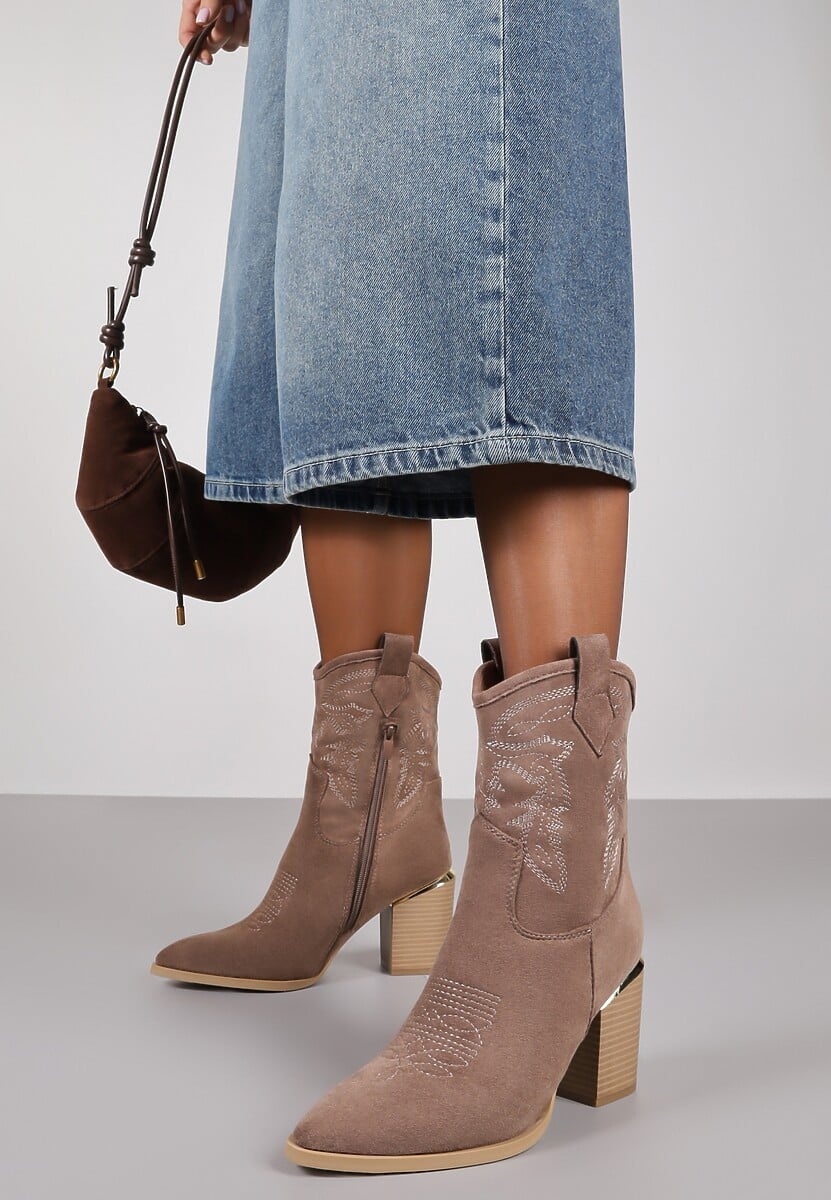 Ciemnobeżowe Ażurowe Botki na Słupku w Kowbojskim Stylu Mevith