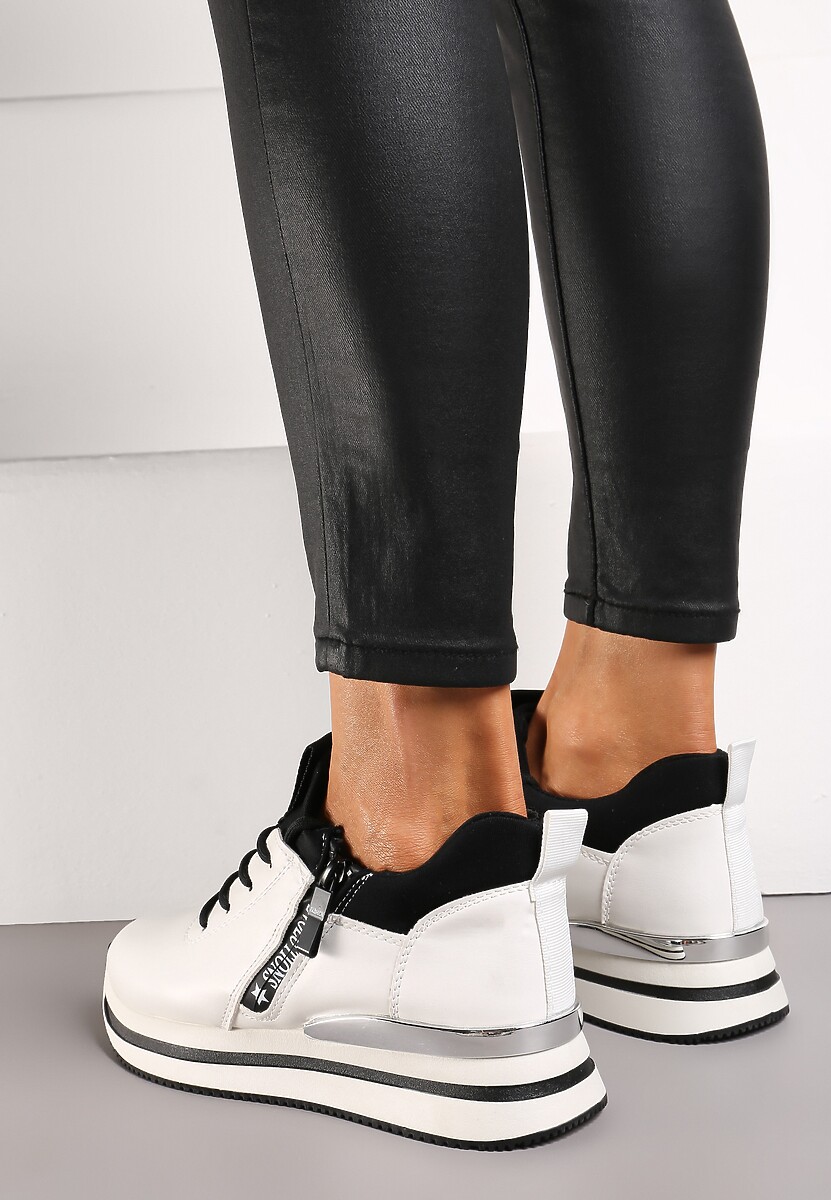 Biało-Czarne Sznurowane Sneakersy na Niskiej Platformie z Ozdobnym Suwakiem Alirapa